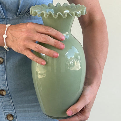 Opaque sage green fluted vase