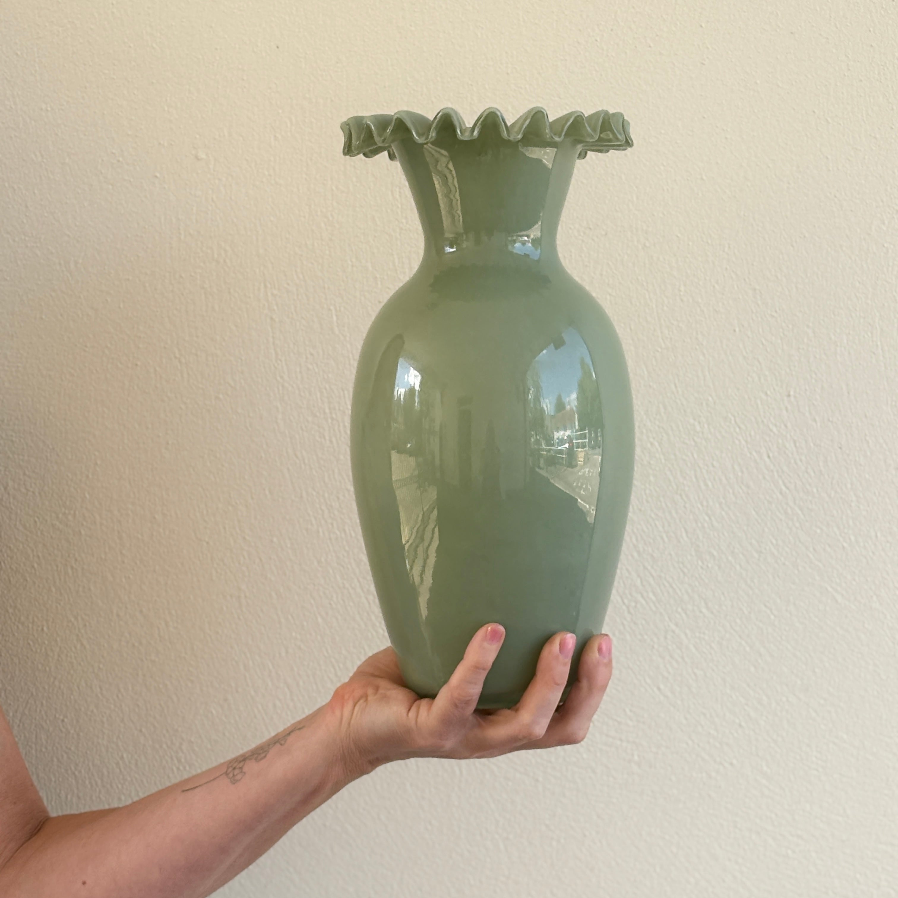 Opaque sage green fluted vase